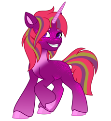 Size: 2440x2653 | Tagged: safe, artist:dancingkinfiend, derpibooru exclusive, imported from derpibooru, oc, oc only, unnamed oc, pony, unicorn, cheeky, coat markings, colored ears, colored hooves, colored horn, female, freckles, g5, gritted teeth, happy, high res, hooves, horn, male to female, mare, multicolored hair, multicolored mane, multicolored tail, purple eyes, purple fur, raised hoof, raised leg, red hair, simple background, smiling, smirk, socks (coat markings), solo, sparkles, stripes, tail, teeth, trans female, transgender, transgender oc, transparent background, unicorn oc