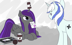 Size: 3286x2065 | Tagged: safe, artist:etheria galaxia, imported from derpibooru, oc, oc only, oc:etheria galaxia, oc:scratch wub, alicorn, pony, unicorn, alicorn oc, chest fluff, coffee, coffee cup, colored, cup, curved horn, cute, duo, ear fluff, female, glasses, heart, horn, lying, male, mare, mouth hold, note, prone, simple background, sketch, stallion, unamused, unicorn oc, weapons-grade cute, wings