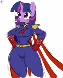 Size: 2249x2759 | Tagged: safe, artist:aer0 zer0, imported from derpibooru, twilight sparkle, anthro, clothes, cosplay, costume, homelander, simple background, solo, the boys, thighs, thunder thighs, white background