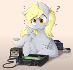 Size: 1200x1146 | Tagged: safe, artist:higgly-chan, imported from derpibooru, derpy hooves, pegasus, pony, antenna, commission, confused, cute, derpabetes, electronics, female, ham radio, lying down, mare, microphone, prone, question mark, radio, simple background, solo, speaker, underhoof, wall eyed