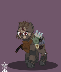 Size: 4245x5021 | Tagged: safe, artist:devorierdeos, imported from derpibooru, oc, oc only, oc:vu, earth pony, pony, fallout equestria, armor, bag, battle tattoo, bottle, burn, female, gun, hammer, handgun, machete, mare, red eyes, revolver, scotch tape, scrap, scrap armor, sider, simple background, stimpack, tribal