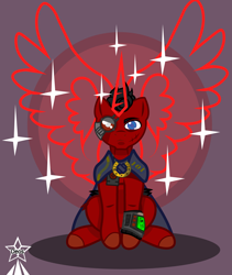 Size: 4245x5021 | Tagged: safe, artist:devorierdeos, imported from derpibooru, oc, oc only, oc:red eye, alicorn, cyber pony, cyborg, earth pony, pony, fallout equestria, antagonist, black hair, blue eye, clothes, cyber eye, jumpsuit, magic, magic aura, oc villain, pipbuck, scar, simple background, stable-tec, vault 101, vault suit