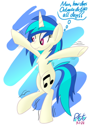 Size: 2500x3500 | Tagged: safe, artist:notadeliciouspotato, imported from derpibooru, dj pon-3, vinyl scratch, pony, unicorn, abstract background, bipedal, chest fluff, female, high res, horn, mare, motion lines, signature, solo, standing, standing on one leg, thought bubble, wavy mouth, wobbling