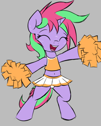 Size: 468x581 | Tagged: safe, artist:permpony, imported from derpibooru, oc, oc only, oc:susie supreme, pony, unicorn, armpits, belly button, bipedal, cheerleader, cheerleader outfit, clothes, eyes closed, female, filly, foal, gray background, happy, horn, midriff, open mouth, open smile, panties, pom pom, simple background, skirt, smiling, solo, underwear, unicorn oc, upskirt