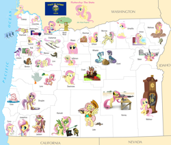 Size: 4896x4134 | Tagged: safe, artist:twiface, imported from derpibooru, fluttershy, maud pie, petunia paleo, starlight glimmer, beaver, bird, duck, fluttertree, kite, map, oregon, ponies as regions