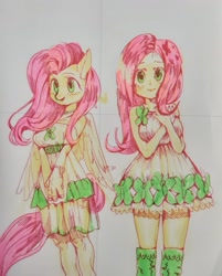 Size: 1029x1280 | Tagged: source needed, safe, artist:zzugguri, imported from derpibooru, fluttershy, anthro, human, equestria girls, clothes, female, human anthrodox, self paradox, self ponidox, smiling, traditional art