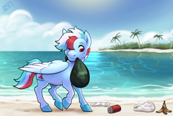 Size: 900x600 | Tagged: safe, artist:lastnight-light, imported from derpibooru, oc, oc:calm winds, pegasus, pony, beach, male, mouth hold, pegasus oc, solo, stallion, trash