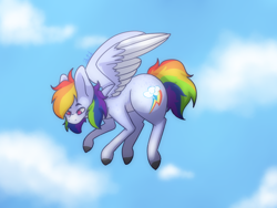 Size: 1024x768 | Tagged: safe, artist:hunter-shadowcloak, imported from derpibooru, rainbow dash, pegasus, pony, cloud, female, flying, looking down, mare, sky, solo, wings