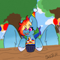 Size: 500x500 | Tagged: safe, artist:hunter-shadowcloak, imported from derpibooru, rainbow dash, pegasus, pony, balloon, cloud, cupcake, female, film grain, food, hat, mare, open mouth, party hat, rainbow cupcake, sky, solo, table, tree, wings