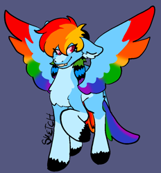 Size: 716x772 | Tagged: safe, artist:hunter-shadowcloak, imported from derpibooru, rainbow dash, pegasus, pony, blue background, female, floppy ears, mare, raised hoof, redesign, simple background, smiling, solo, spread wings, wings