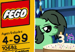 Size: 702x486 | Tagged: safe, artist:phat_guy, imported from derpibooru, oc, oc:filly anon, earth pony, pony, cake, ears back, female, filly, food, lego, meme, ponified meme, solo