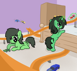 Size: 1600x1477 | Tagged: safe, artist:phat_guy, imported from derpibooru, oc, oc only, oc:filly anon, earth pony, pony, unicorn, bed, female, filly, hot wheels, magic, multeity, telekinesis