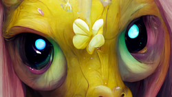 Size: 1920x1080 | Tagged: safe, imported from derpibooru, fluttershy, pegasus, pony, 1080p, ai content, ai generated, big eyes, bloodshot eyes, cursed, deformed, eye bulging, face of mercy, flower, generator:midjourney, looking at you, machine learning abomination, nightmare fuel, solo, stare, stare into your soul, wallpaper, wrong eye color