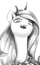 Size: 2161x3504 | Tagged: safe, artist:applephil, imported from derpibooru, princess cadance, queen chrysalis, alicorn, pony, black and white, disguise, disguised changeling, fake cadance, fangs, female, grayscale, looking at you, looking down, looking down at you, low angle, mare, monochrome, simple background, solo, white background