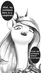 Size: 2161x3840 | Tagged: safe, artist:applephil, imported from derpibooru, princess cadance, queen chrysalis, alicorn, pony, black and white, disguise, disguised changeling, fake cadance, fangs, female, grayscale, looking at you, looking down, looking down at you, low angle, mare, monochrome, ponified, simple background, solo, speech bubble, talking to viewer, white background