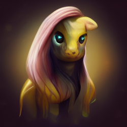 Size: 256x256 | Tagged: safe, imported from derpibooru, fluttershy, horse, pegasus, pony, ai content, ai generated, bust, ears back, generator:midjourney, portrait, simple background, solo, vignette, wrong eye color