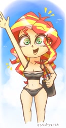 Size: 1080x2076 | Tagged: safe, artist:phoenixrk49, imported from derpibooru, sunset shimmer, human, equestria girls, armpits, arms in the air, bag, bare shoulders, bikini, clothes, emanata, eye clipping through hair, female, hands in the air, open mouth, open smile, simple background, sleeveless, smiling, solo, swimsuit, white background