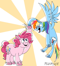 Size: 1300x1416 | Tagged: safe, artist:pigeorgien, imported from derpibooru, pinkie pie, rainbow dash, earth pony, pegasus, pony, chubby, duo, duo female, female, flying, hoofbump, mare, open mouth, smiling