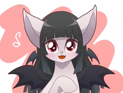 Size: 2006x1515 | Tagged: safe, artist:namaenonaipony, imported from derpibooru, bat pony, pony, bat wings, female, kemono friends, long-legged whiskered bat, looking at you, mare, music notes, open mouth, ponified, simple background, solo, spread wings, white background, wings