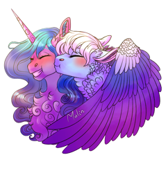 Size: 1280x1323 | Tagged: safe, artist:malinraf1615, imported from derpibooru, izzy moonbow, pegasus, pony, unicorn, blushing, cheek kiss, chest fluff, cute, duo, duo female, eyebrows, eyes closed, female, g5, grin, izzybetes, kissing, lesbian, shipping, simple background, smiling, transparent background, zoom zephyrwing, zoombow