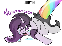 Size: 1647x1225 | Tagged: safe, artist:czu, imported from derpibooru, oc, oc only, oc:czupone, pony, unicorn, color loss, crying, draining, eye clipping through hair, lying down, male, needle, open mouth, pride month, prone, simple background, solo, white background