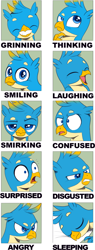 Size: 1026x2696 | Tagged: safe, artist:nauyaco, imported from derpibooru, gallus, griffon, angry, expressions, laughing, male, sleeping, smiling, solo
