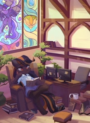 Size: 3000x4096 | Tagged: safe, artist:saxopi, imported from derpibooru, oc, oc only, semi-anthro, unicorn, armchair, bag, bonsai, book, chair, clothes, coffee mug, commission, detailed background, eyebrows, eyebrows visible through hair, gem, high res, hoof on chin, horn, implied rarity, leg rest, monitor, mosaic, mug, mural, reading, shorts, solo, stained glass window, sticky note, stockings, thigh highs, unicorn oc, white shirt