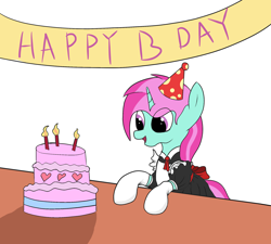 Size: 2000x1800 | Tagged: safe, artist:amateur-draw, imported from derpibooru, oc, oc:belle boue, pony, unicorn, banner, birthday, cake, candle, clothes, crossdressing, evening gloves, food, gloves, hat, long gloves, maid, male, party hat, simple background, solo, stallion, white background