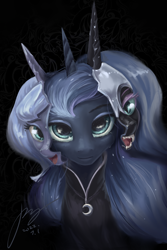 Size: 2858x4287 | Tagged: safe, artist:musical ray, imported from derpibooru, nightmare moon, princess luna, alicorn, pony, black background, clothes, crying, female, filly, looking at you, lunar trinity, mare, mask, moon, night, s1 luna, simple background, solo, woona, young luna, younger