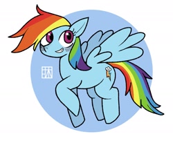 Size: 1413x1152 | Tagged: safe, artist:yuka_mono195, imported from derpibooru, rainbow dash, pegasus, pony, circle background, female, grin, japanese, mare, raised hoof, simple background, smiling, solo, white background, wings