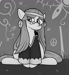 Size: 1200x1290 | Tagged: safe, artist:yuka_mono195, imported from derpibooru, wheat grass, earth pony, pony, abstract background, clothes, eye clipping through hair, female, glasses, looking at you, mare, monochrome, sitting, solo