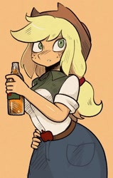 Size: 946x1485 | Tagged: safe, artist:yuka_mono195, imported from derpibooru, applejack, human, equestria girls, applejack's hat, bottle, breasts, busty applejack, cider, clothes, cowboy hat, drink, female, freckles, hand on hip, hat, looking at you, solo