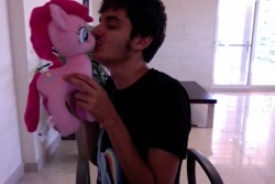 Size: 1080x720 | Tagged: safe, imported from derpibooru, pinkie pie, rainbow dash, human, brony, clothes, female, irl, irl human, kissing, male, mare, photo, plushie, shirt, t-shirt