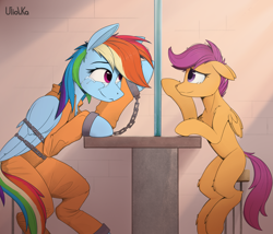 Size: 3440x2946 | Tagged: safe, artist:uliovka, imported from derpibooru, rainbow dash, scootaloo, pegasus, pony, chains, clothes, commission, commissioner:rainbowdash69, crepuscular rays, crying, female, filly, foal, heartwarming, looking at each other, looking at someone, mare, prison outfit, prisoner rd, sit, sitting, smiling