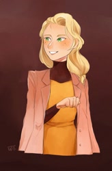 Size: 1085x1652 | Tagged: safe, artist:weit., imported from derpibooru, applejack, human, alternate hairstyle, blushing, clothes, coat, female, freckles, grin, humanized, shirt, smiling, solo