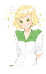 Size: 758x1213 | Tagged: safe, artist:weit., imported from derpibooru, applejack, human, alternate hairstyle, clothes, cute, female, humanized, jackabetes, question mark, shirt, short hair, simple background, solo, white background