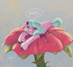 Size: 2500x2300 | Tagged: safe, artist:bonniem_x2, imported from derpibooru, earth pony, pony, spoiler:g5, spoiler:my little pony: tell your tale, spoiler:tyts01e16, adordahlia, blushing, clothes, dahlia, dialogue, dock, earth pony magic, eye clipping through hair, female, flower, flower in hair, g5, giant flower, looking at you, lying down, magic, mare, my little pony: tell your tale, neighfever, pollen, prone, smiling, smiling at you, solo, speech bubble, tail, unshorn fetlocks
