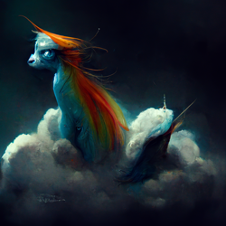 Size: 1536x1536 | Tagged: safe, imported from derpibooru, rainbow dash, pony, ai content, ai generated, cloud, deformed, generator:midjourney, long eyelashes, machine learning abomination, nightmare fuel, on a cloud, sitting, sitting on a cloud, solo