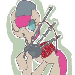 Size: 600x600 | Tagged: safe, artist:um89s, artist:ume89s, imported from derpibooru, oc, oc only, earth pony, pony, bagpipes, clothes, hat, hoof hold, musical instrument, one eye closed, raised hoof, simple background, solo, white background
