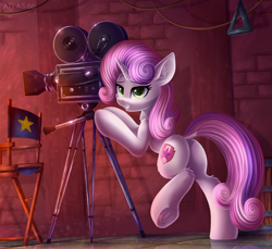 Size: 3782x3470 | Tagged: safe, artist:atlas-66, imported from derpibooru, sweetie belle, pony, unicorn, growing up is hard to do, butt, camera, chair, director's chair, dock, ear fluff, female, mare, older, older sweetie belle, plot, scene interpretation, smiling, solo, sweetie butt, tail, underhoof