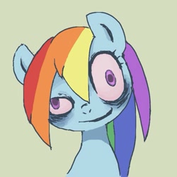 Size: 600x600 | Tagged: safe, artist:um89s, artist:ume89s, imported from derpibooru, rainbow dash, pony, bloodshot eyes, bust, creepy, female, green background, mare, simple background, solo