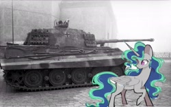 Size: 2048x1290 | Tagged: safe, imported from derpibooru, oc, oc only, oc:light breeze, alicorn, human, pony, actual historical footage, alicorn oc, armor, army, balkenkreuz, black and white, germany, grayscale, horn, life's a breeze, lightverse, looking at something, military, monochrome, next generation, panzer, princess, smiling, tank (vehicle), tiger (tank), tiger ii, tracks, vehicle, wehrmacht, wings, world war ii