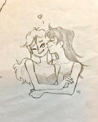 Size: 1440x1800 | Tagged: safe, artist:weit., imported from derpibooru, applejack, rainbow dash, human, appledash, bare shoulders, cheek kiss, clothes, duo, eyes closed, female, heart, humanized, kissing, lesbian, one eye closed, pencil drawing, shipping, sketch, sleeveless, tanktop, traditional art, wink