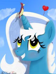 Size: 1280x1707 | Tagged: safe, artist:thedarktercio, imported from derpibooru, oc, oc only, oc:fleurbelle, alicorn, bird, pony, adorabelle, alicorn oc, bust, cloud, cloudy, cute, grin, heart, horn, looking up, male, ocbetes, signature, sky, smiling, stallion, wings
