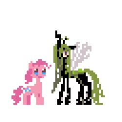 Size: 1024x1024 | Tagged: safe, artist:um89s, artist:ume89s, imported from derpibooru, pinkie pie, queen chrysalis, changeling, changeling queen, earth pony, pony, duo, duo female, female, mare, pixel art, simple background, white background