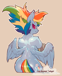 Size: 966x1184 | Tagged: safe, artist:cold-blooded-twilight, imported from derpibooru, rainbow dash, pegasus, semi-anthro, comic:cold storm, butt, clothes, female, latex, leggings, looking back, muscles, plot, rainbutt dash, raised leg, solo, spread wings, wings