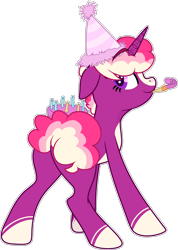 Size: 2071x2904 | Tagged: safe, artist:rickysocks, imported from derpibooru, oc, oc only, pony, unicorn, base used, cake, female, food, hat, mare, party hat, party horn, simple background, solo, transparent background