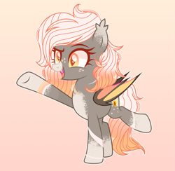 Size: 2905x2841 | Tagged: safe, artist:aurieev, imported from derpibooru, oc, oc only, bat pony, pony, base used, bat pony oc, bat wings, coat markings, eyelashes, female, freckles, mare, orange background, raised hoof, simple background, socks (coat markings), solo, underhoof, wings