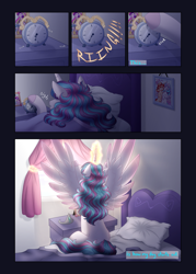 Size: 4441x6213 | Tagged: safe, artist:purplegrim40, imported from derpibooru, princess cadance, princess flurry heart, alicorn, pony, alarm clock, clock, comic, female, glowing, glowing horn, horn, indoors, magic, mare, older, older flurry heart, spread wings, telekinesis, wings