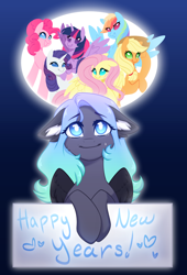 Size: 1500x2200 | Tagged: safe, artist:purplegrim40, imported from derpibooru, applejack, fluttershy, pinkie pie, rainbow dash, rarity, twilight sparkle, oc, alicorn, earth pony, pegasus, pony, unicorn, bust, ear fluff, female, floppy ears, happy new year, hat, holiday, mane six, mare, pegasus oc, smiling, twilight sparkle (alicorn)